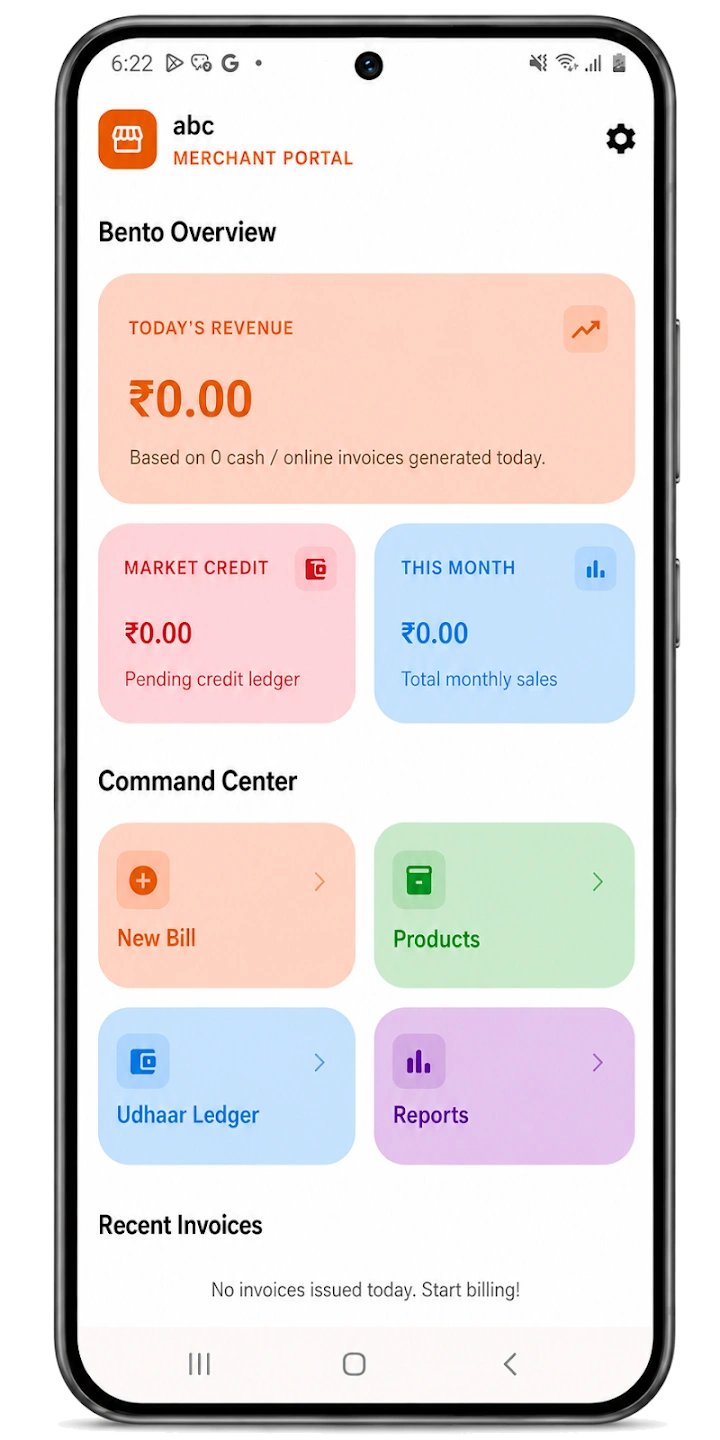 Kirana Store Billing App Merchant Portal Bento Dashboard